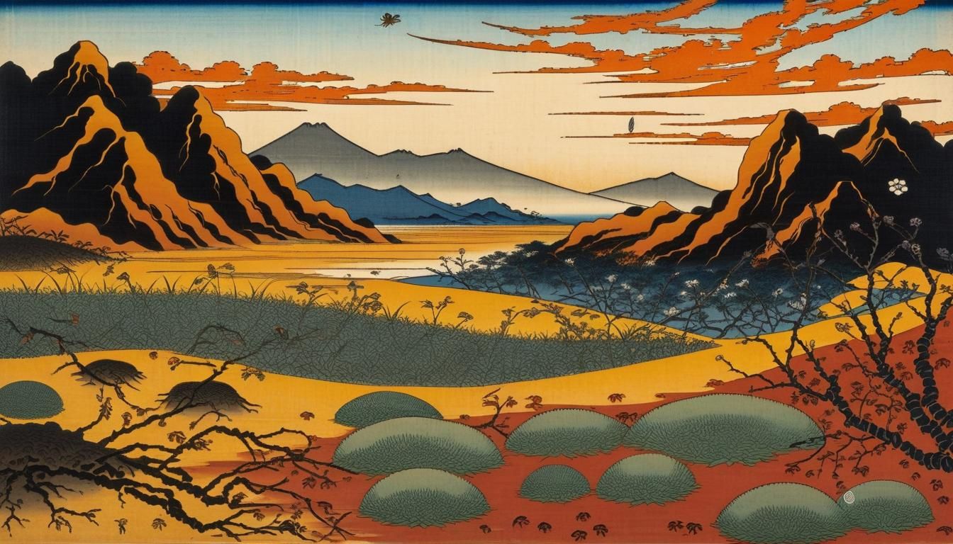 Alien Savannah Landscape in Ukiyo-e Style