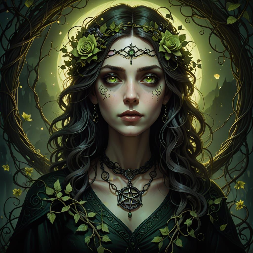 Dark Fantasy Wiccan Goddess in Whimsical, Tim Burton-Inspire...