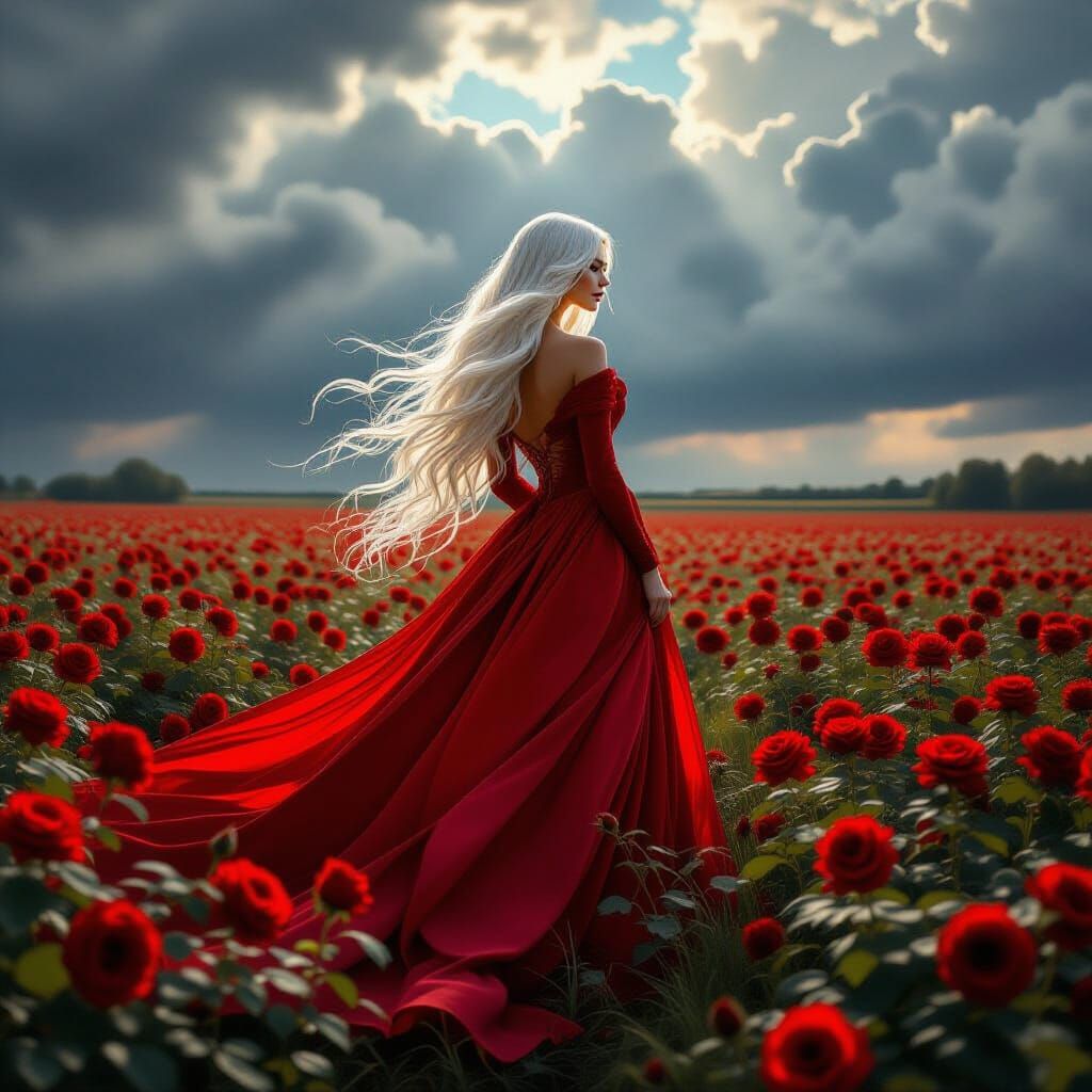 Woman in Red Dress in Rose Field Under Cloudy Skies