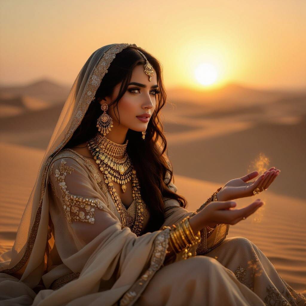Arabian Princess in Desert Sunrise Cinematic Style