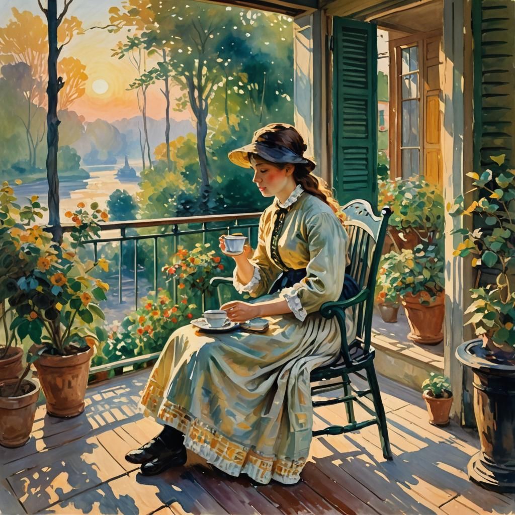 Impressionist Gouache: Woman at Veranda Watching Sunrise