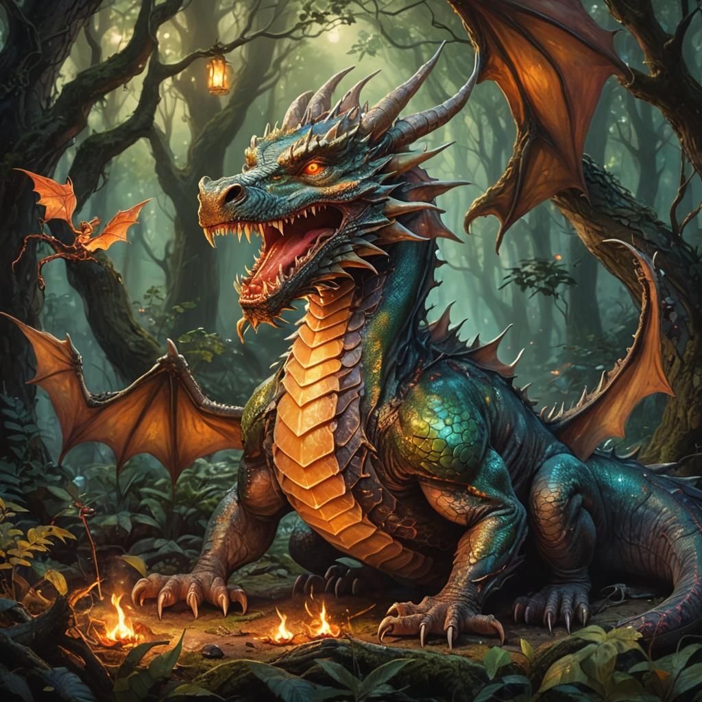 Dragon Eats Mouse in Mystical Forest, Fantastical Art
