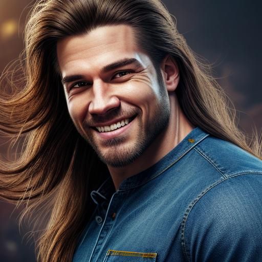 Hyperrealistic Portrait of Smiling Man with Long Hair