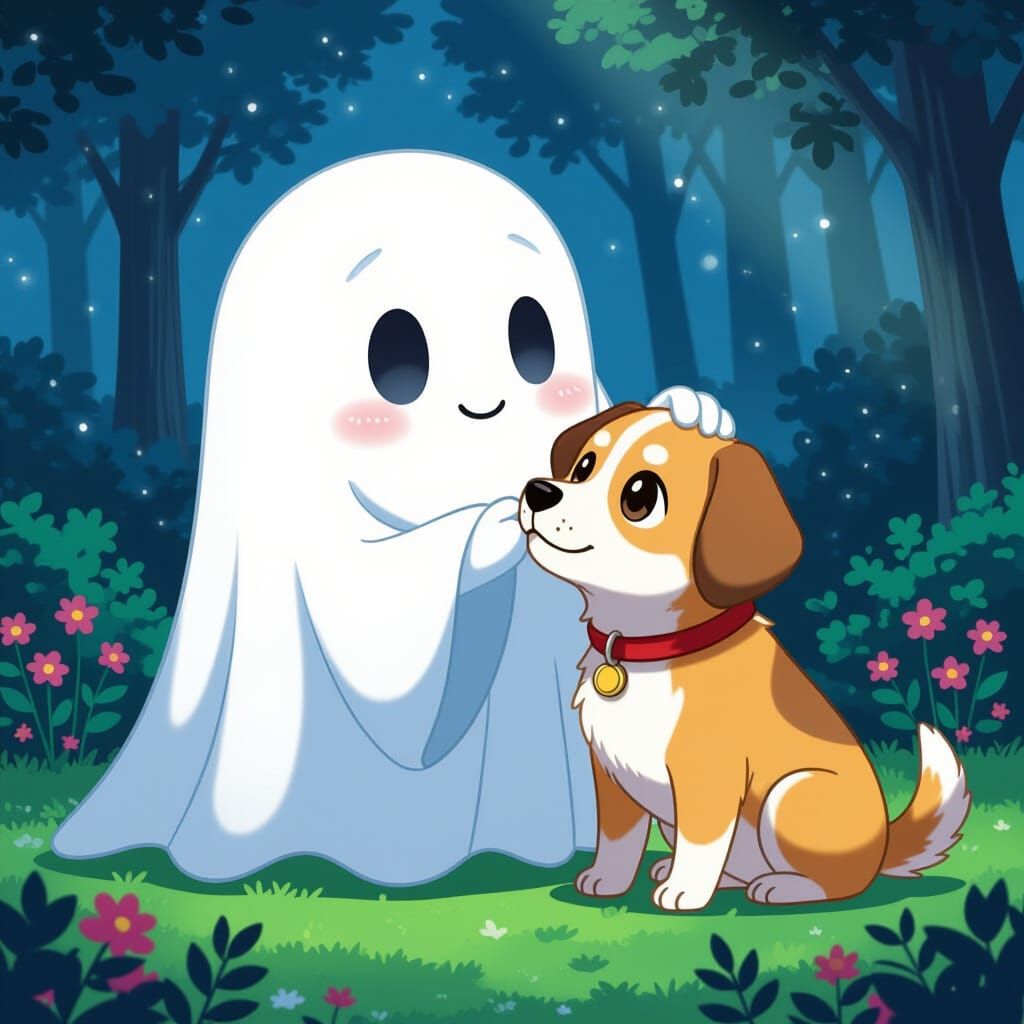 Cute Chibi Ghost Petting Dog as Anime Masterpiece