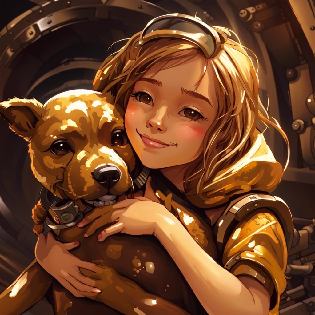 Futuristic Girl Hugs Mechanical Puppy: Hyperrealistic Anime ...