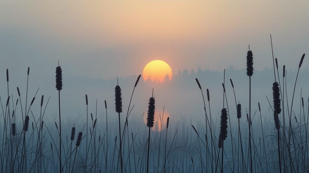 Icy Sunset Over Misty Swamp: Digital Painting