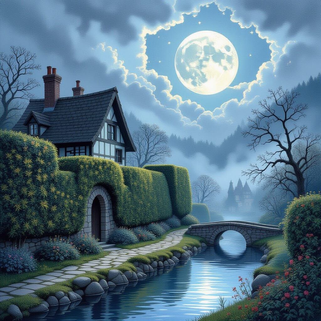 Medieval Garden with Crumpled Silver Moon in Watercolor