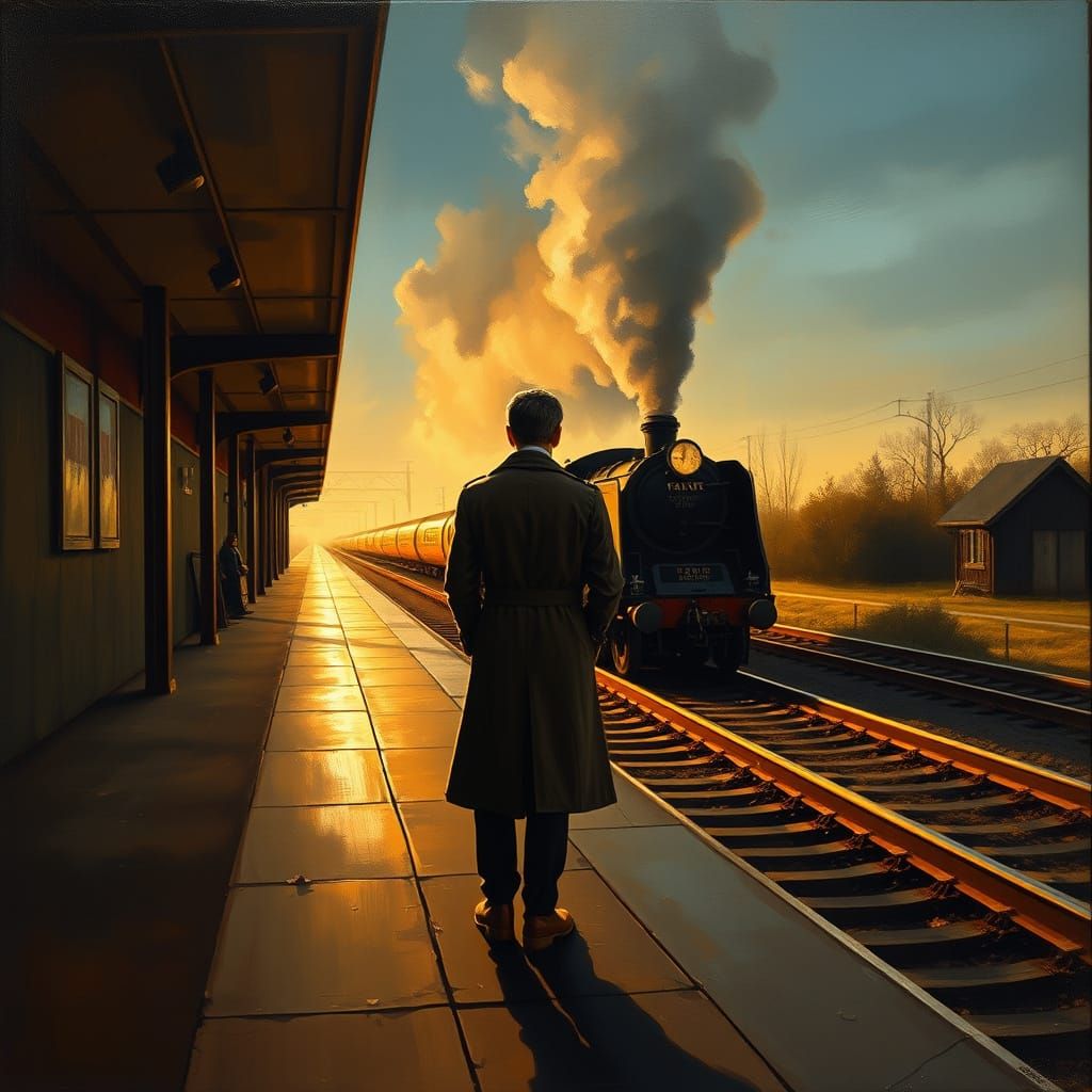 Lone Figure on Train Platform at Dusk Oil Painting