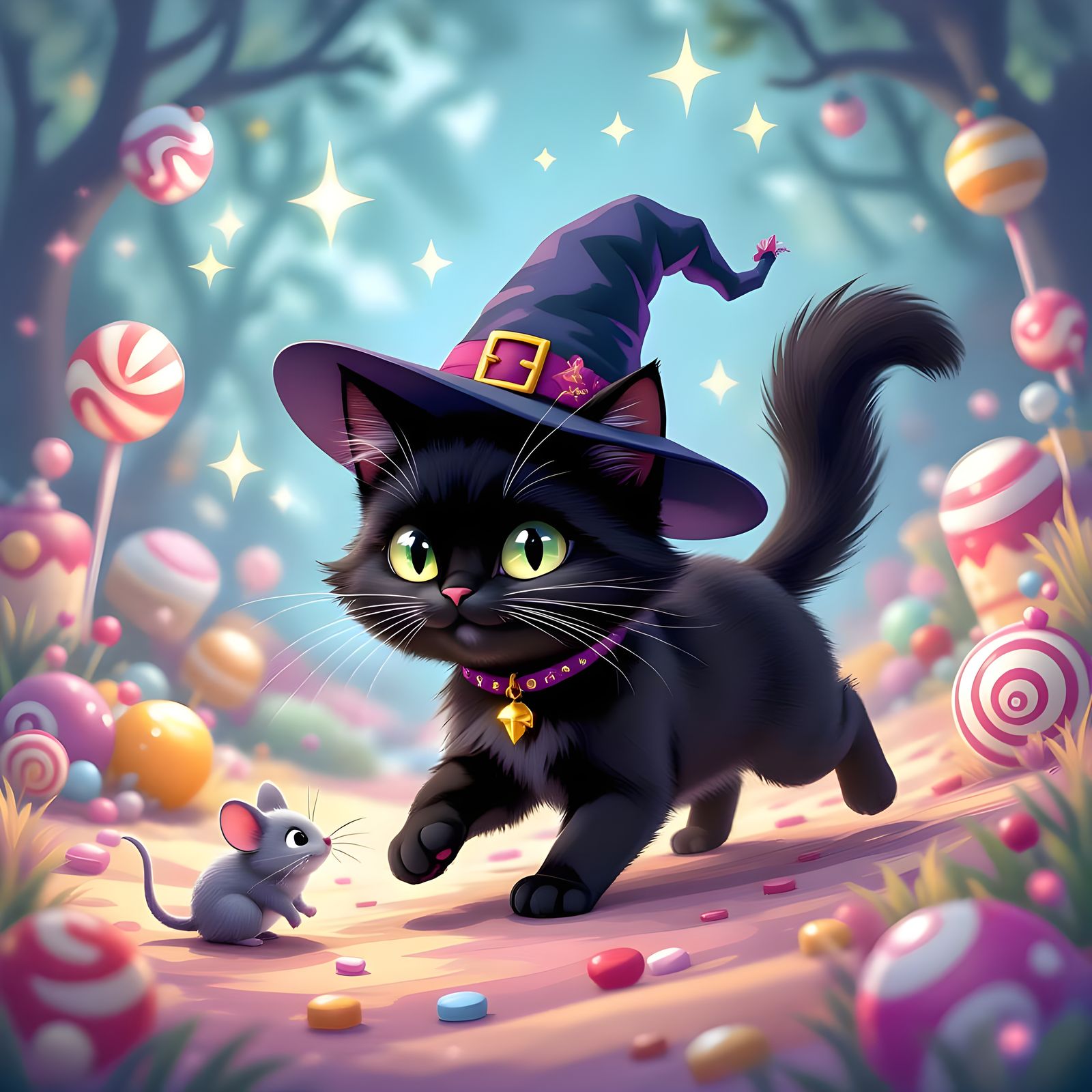 Mischievous Cat Chasing Ghost Mouse in Candy Land