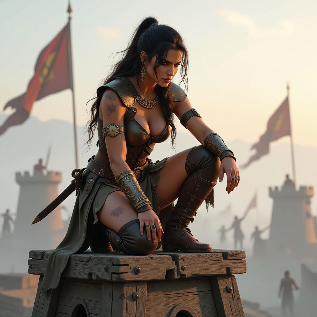 Female Warrior on Siege Tower in Atmospheric Light