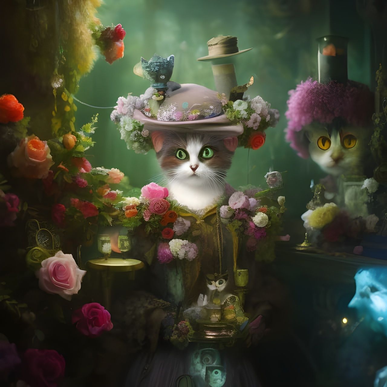 Victorian Cat in Garden Hat, Pastel Chalk Art