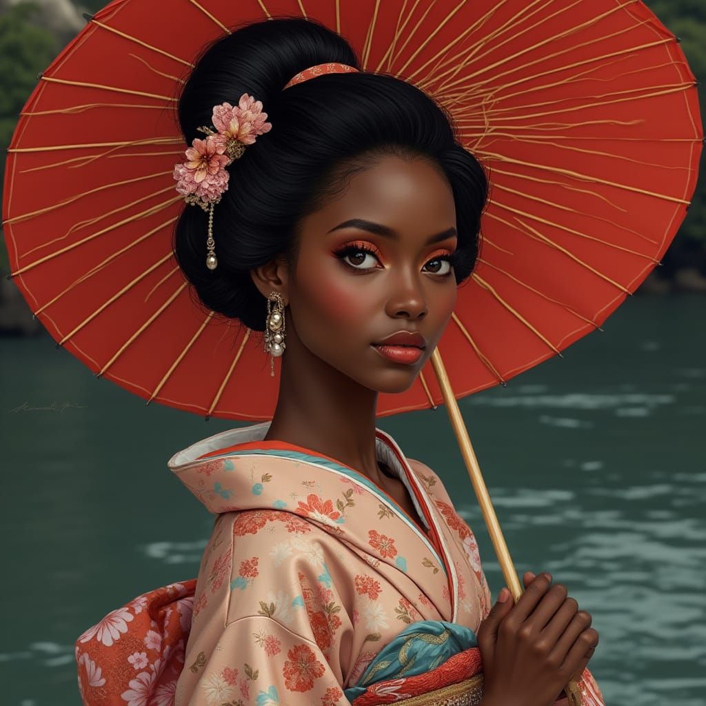 Elegant African-Japanese Woman in Kimono Portrait