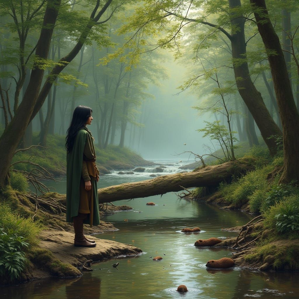 Woman in Forest Glade with Beavers and Brook