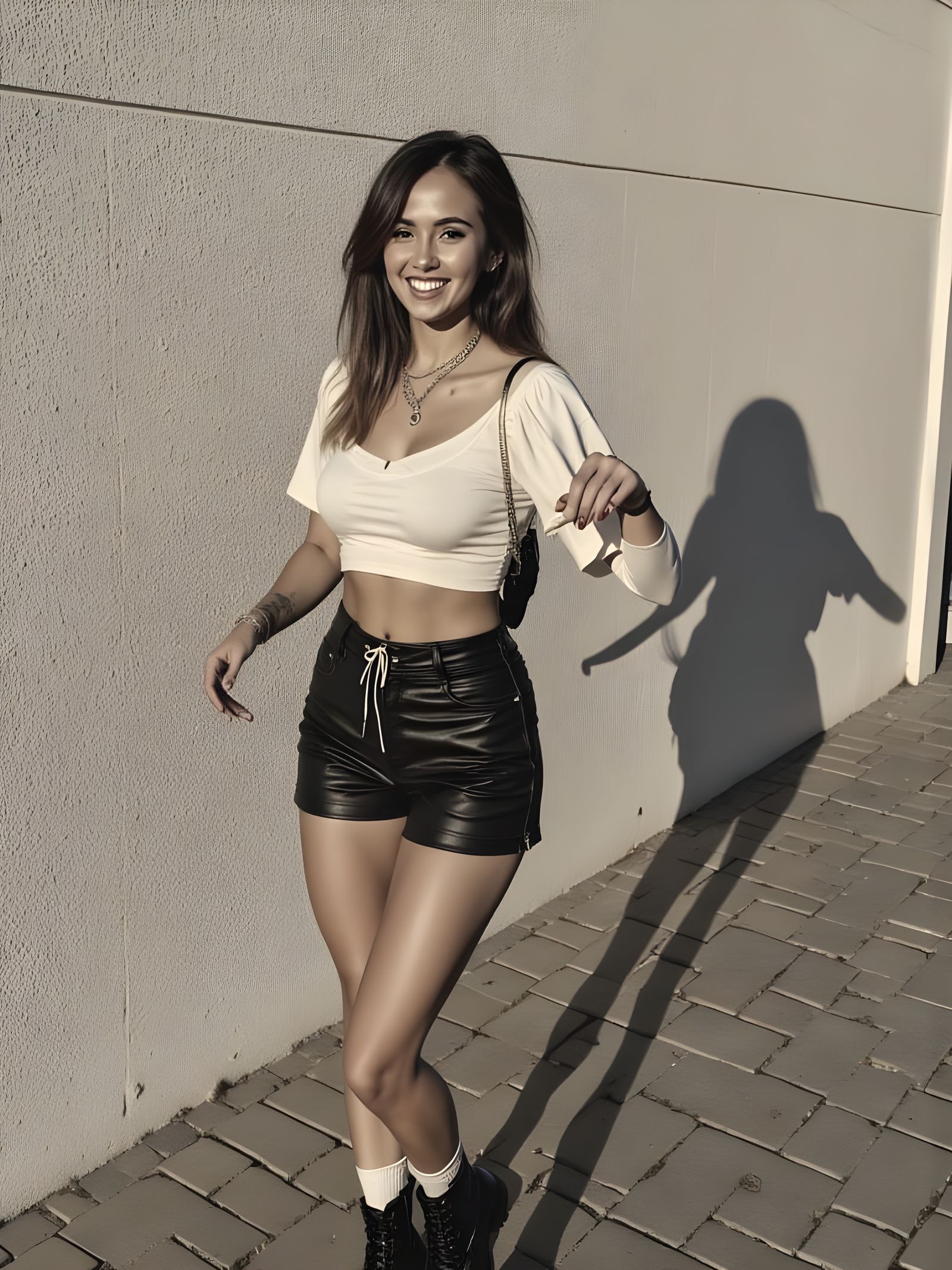 Confident Woman Striding on a Sunlit Sidewalk