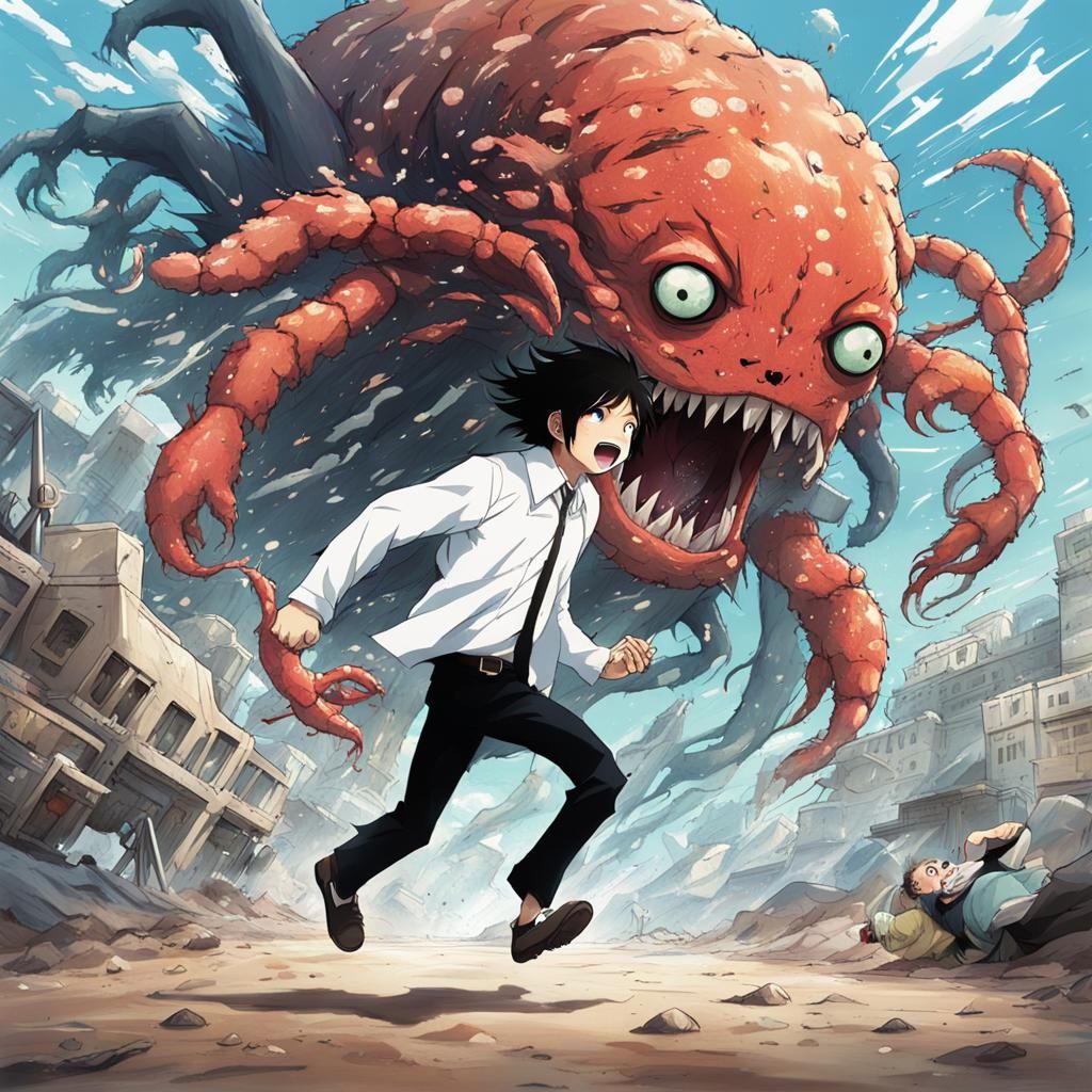 Man Fleeing Crustacean Monster in Anime Style
