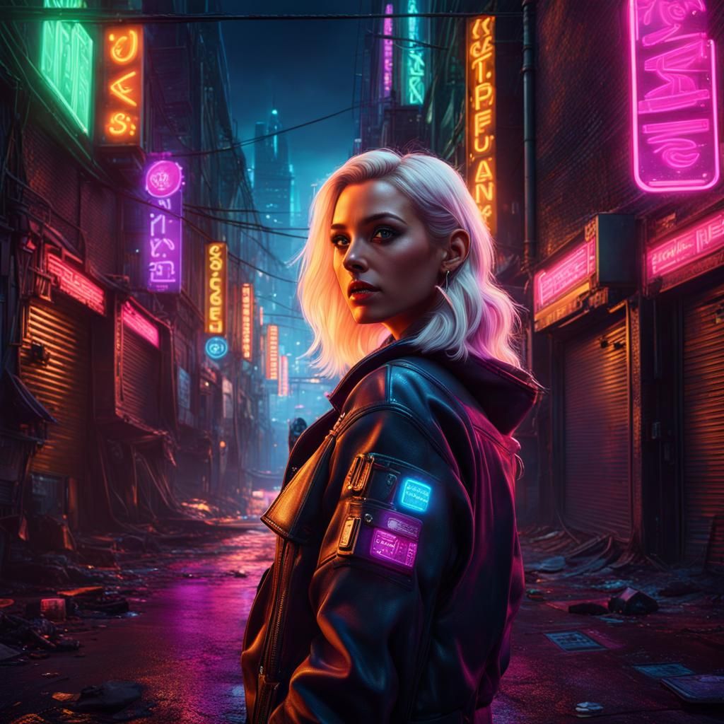 Blonde in Neon Alley: Detailed Digital Painting