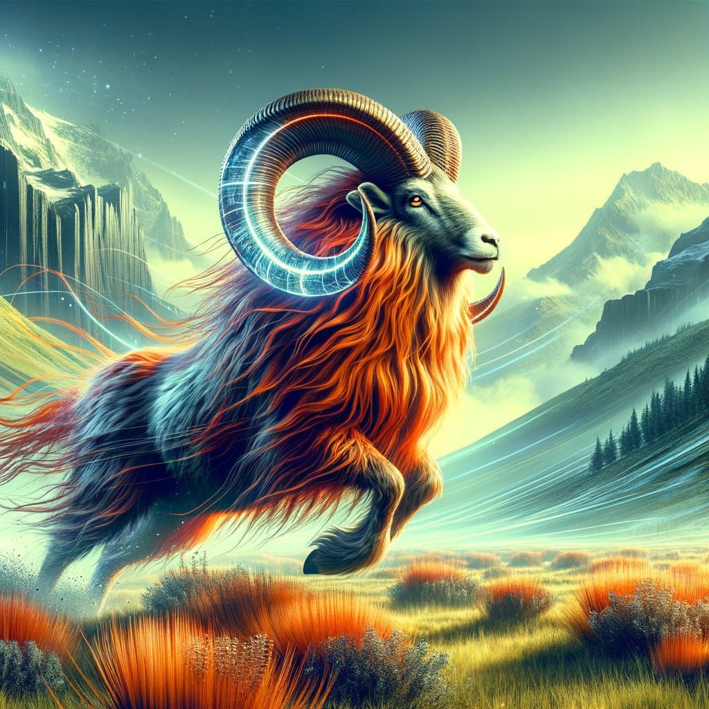 Sci-Fi Ram with Crystal Horns in Mountain Meadow