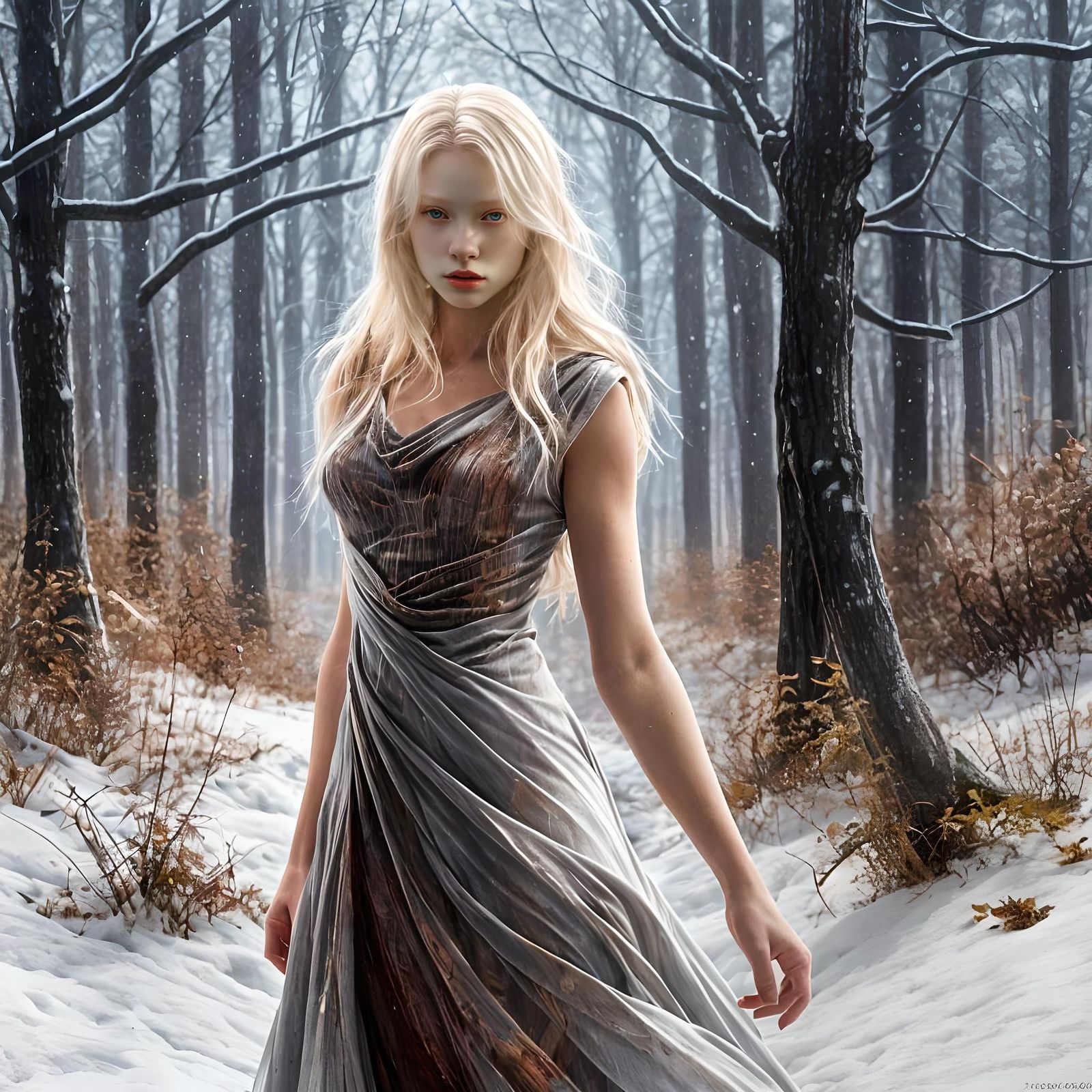 Albino Girl Lost in Snowy Woods, Hyperrealistic Art