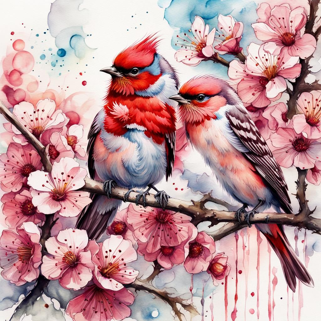 Red Warblers in Cherry Blossoms, Watercolor Art