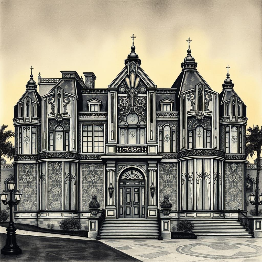Luxurious Art Deco Mansion in Charcoal Drawing Style