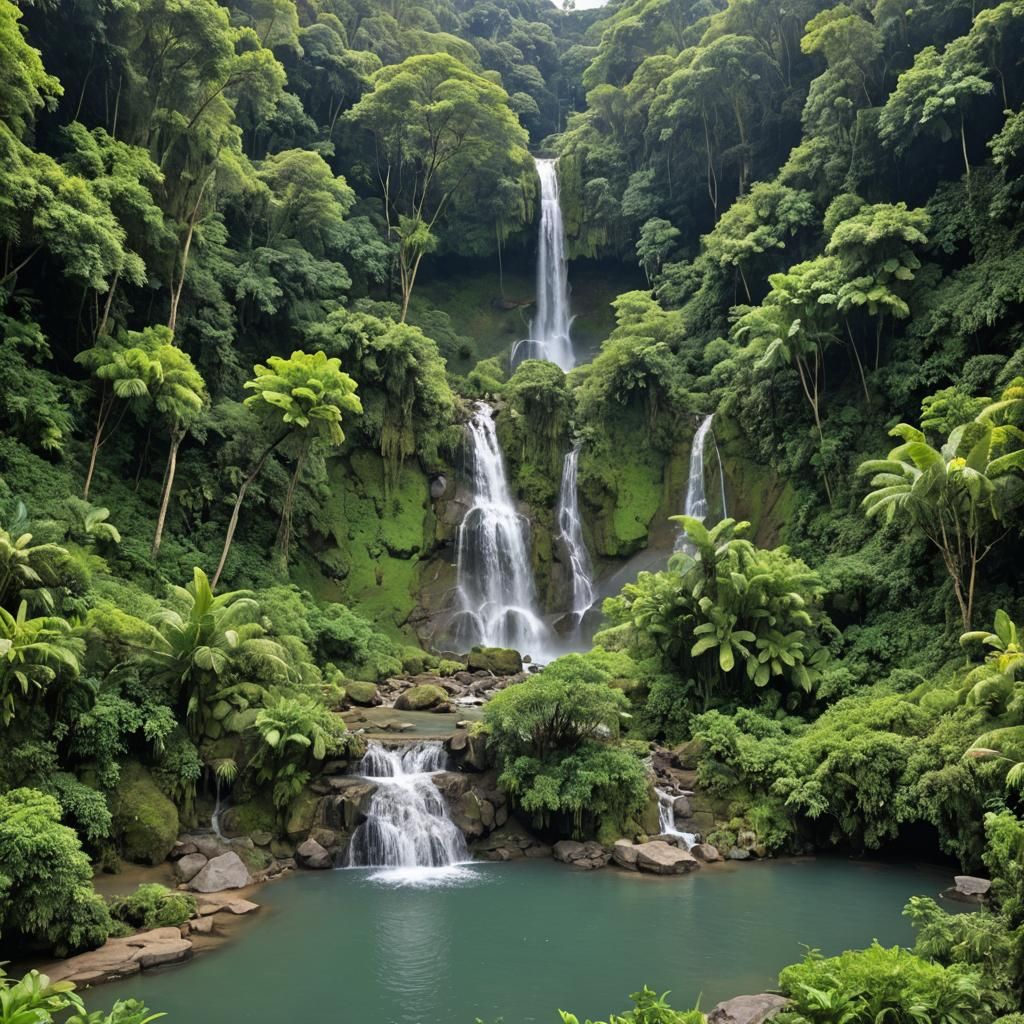 Lush Green Valley Waterfall with Hot Springs