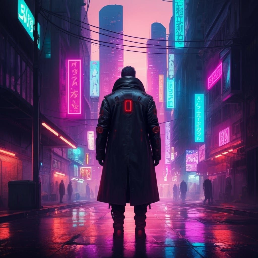 Cyberpunk Cityscape with Figure in Neon-Lit Dusk