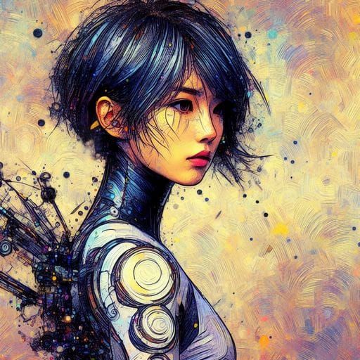 Futuristic Japanese Woman in Van Gogh Style