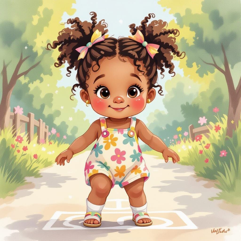 Delighted Girl Playing Hopscotch in Watercolor Style