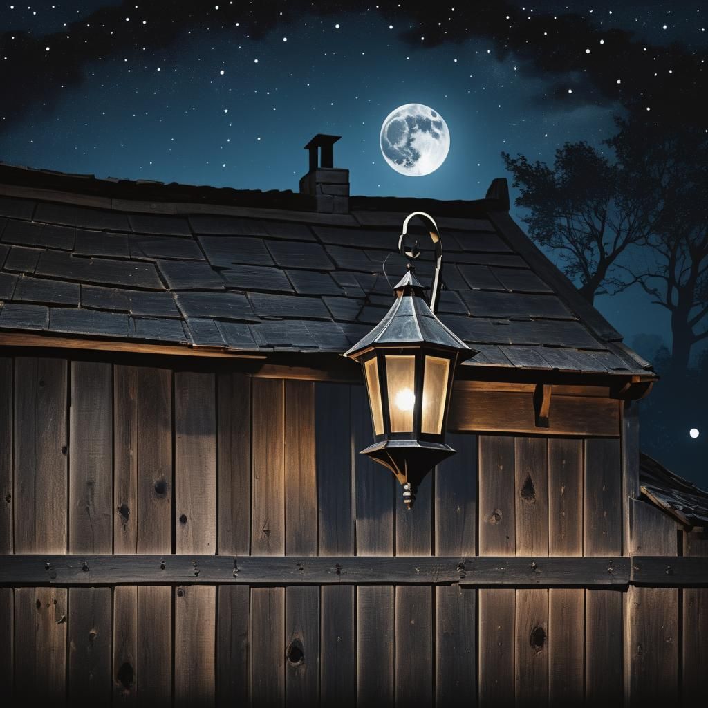 Lantern Lights Medieval House Under Moonlight