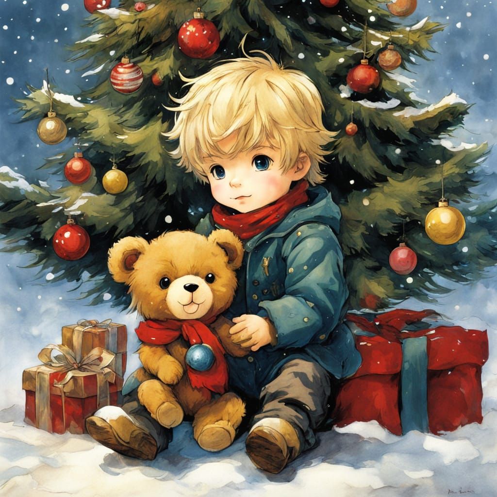 A Chibi Boy and Bear Decorate a Christmas Tree in Whimsical...