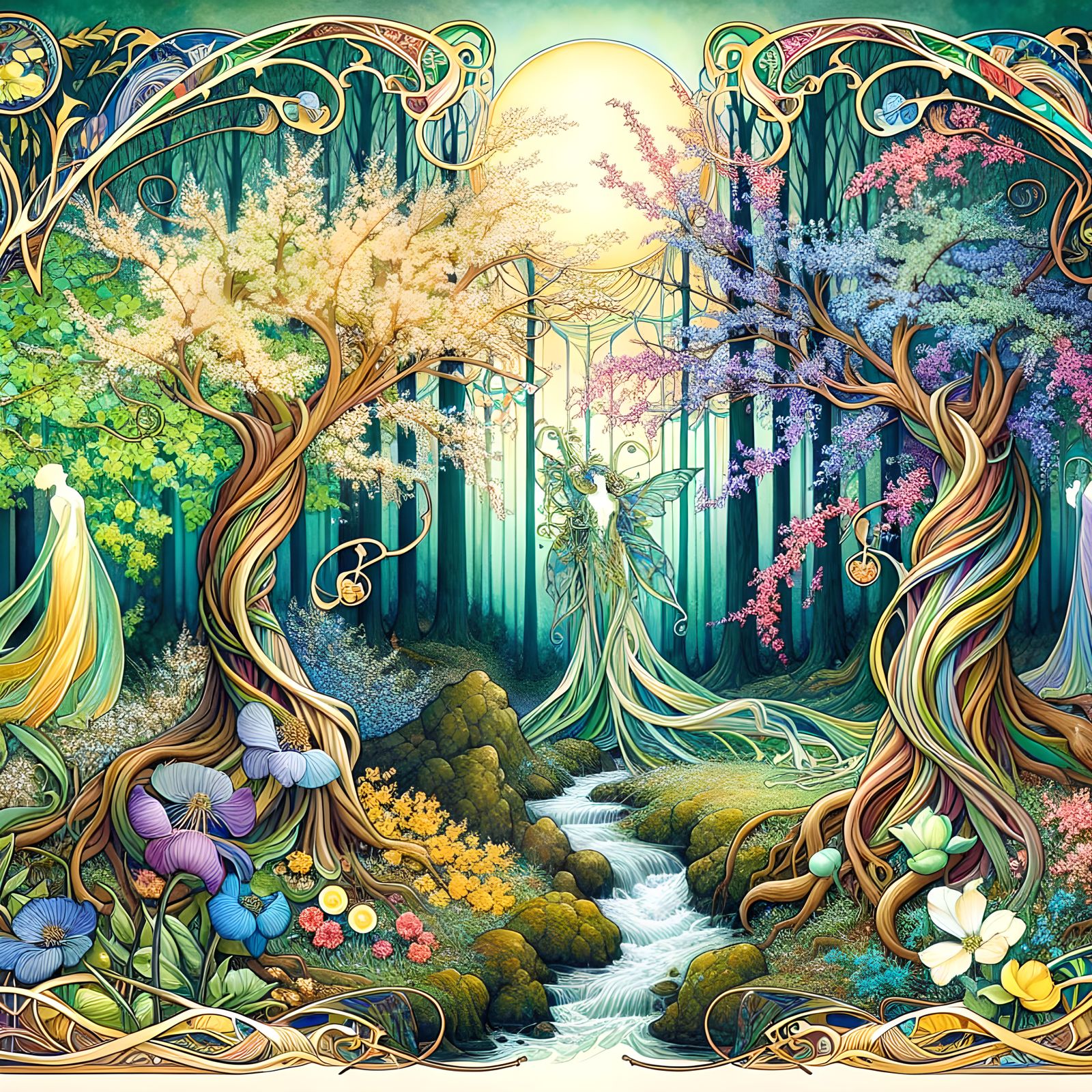 Enchanted Spring Forest in Art Nouveau Style