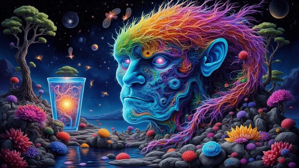 Fractal-Faced Man Meditating in Galactic Japanese Garden