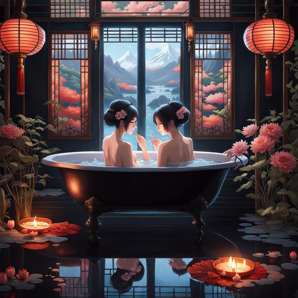 Japanese Women's Bath in Gothic Art Style