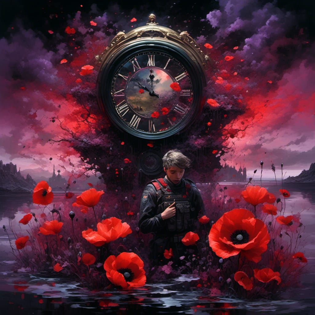 Wounded Soldier Portrait with Poppies and Clock