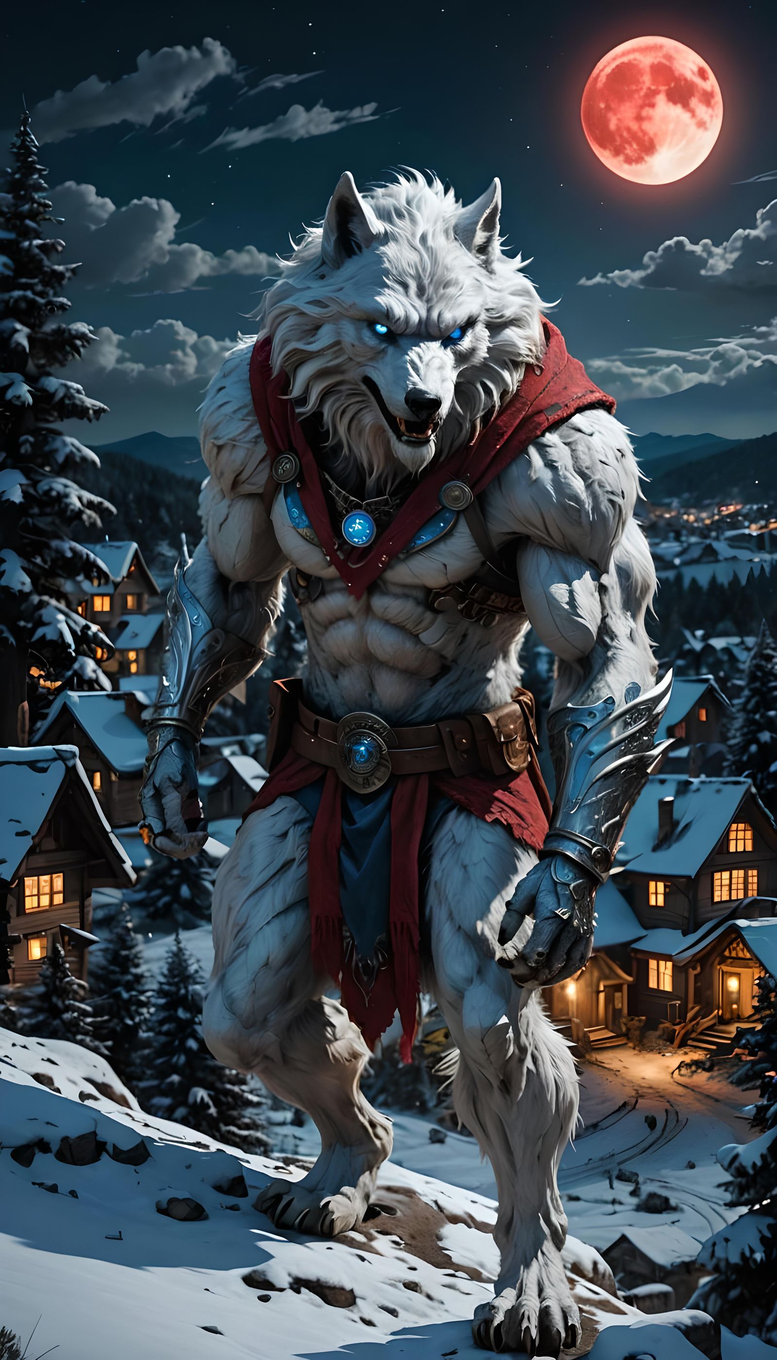 Silver Werewolf Watching Over Village at Night