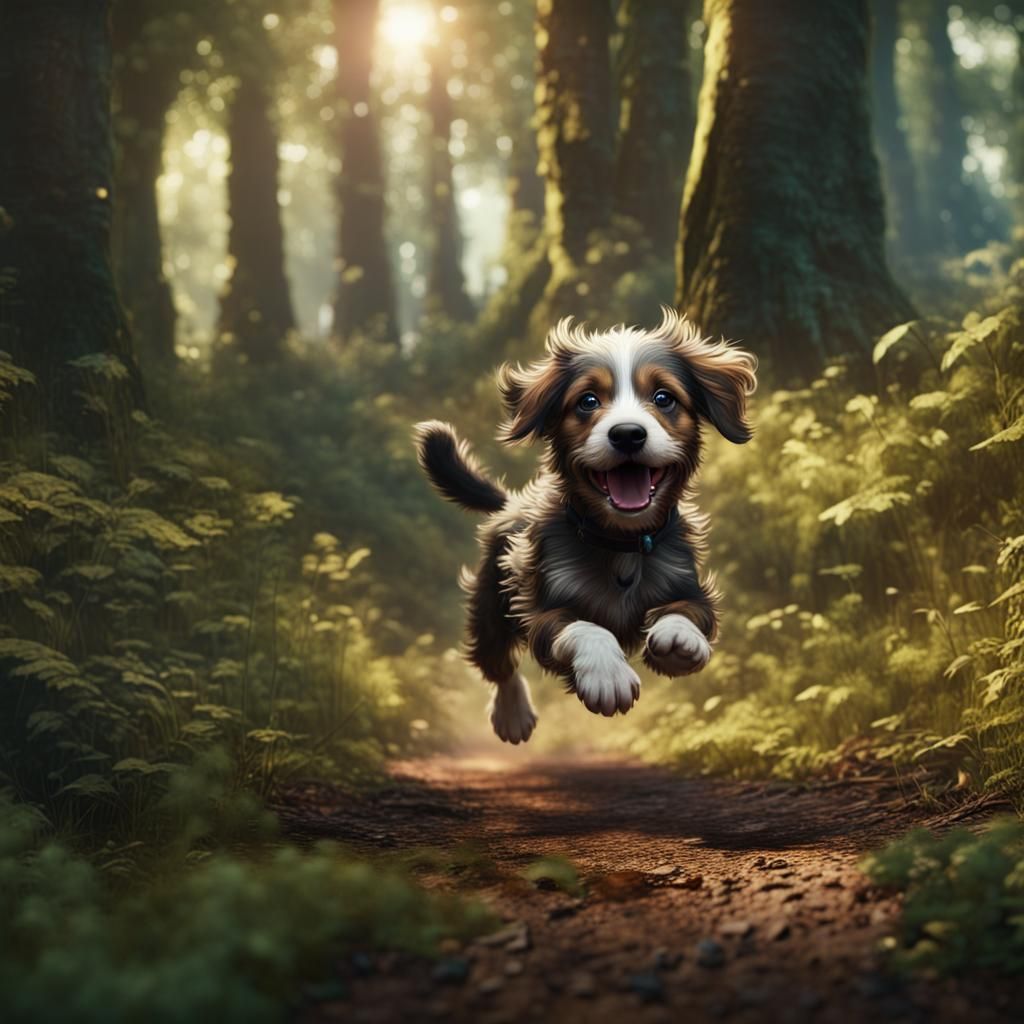 Puppy's Woodland Adventure: Detailed Matte Painting
