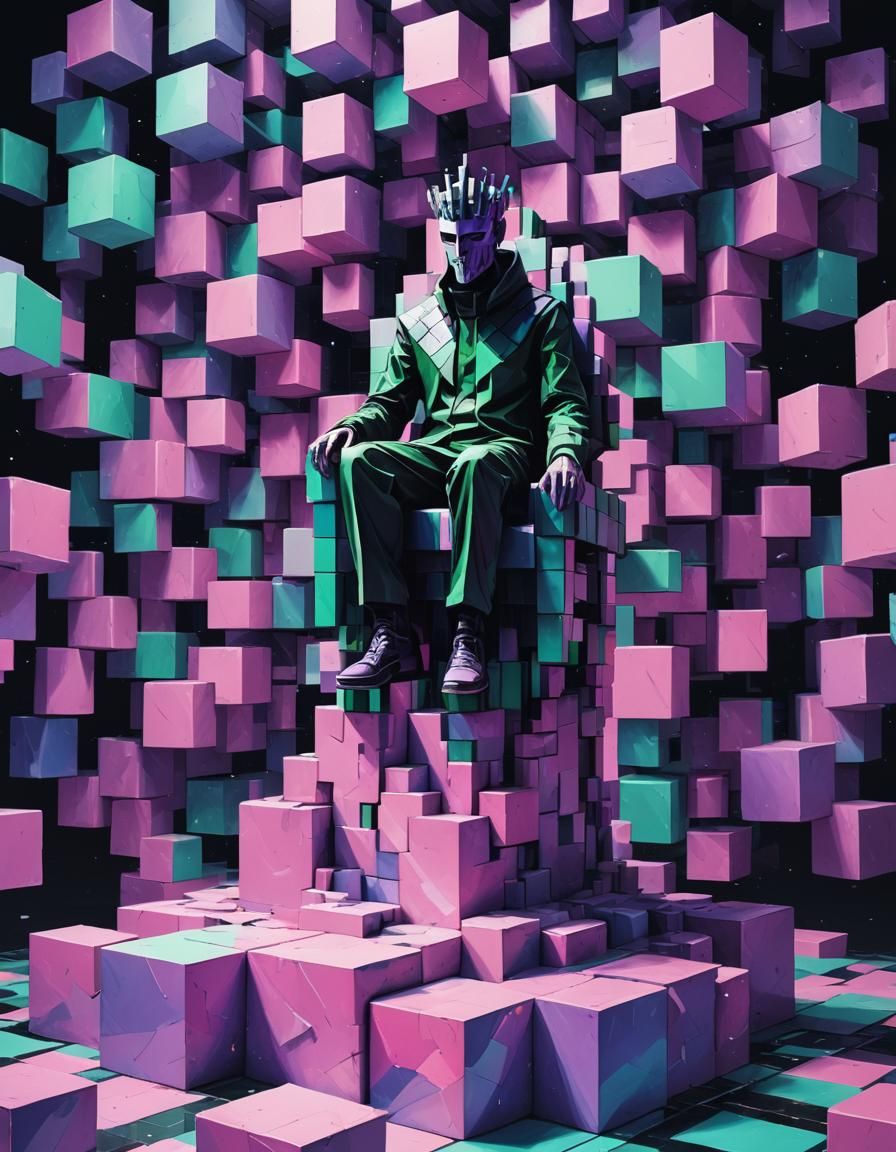 Glitching Humanoid on Jagged Cubic Throne: 3D Glitch Art