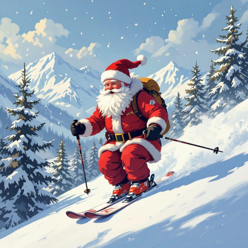 Santa Claus Skiing in Winter Wonderland
