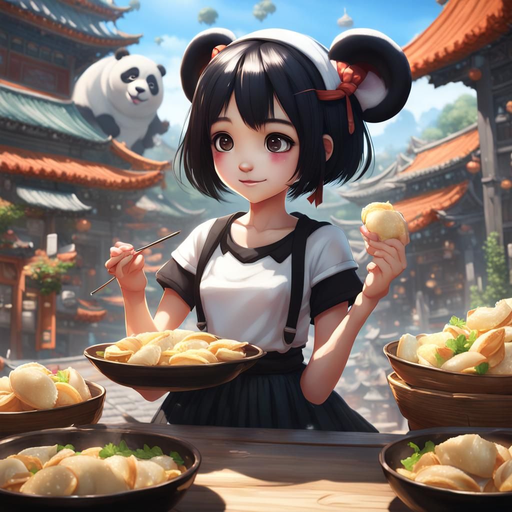 Anime Girl with Panda Ears Eating Dumplings