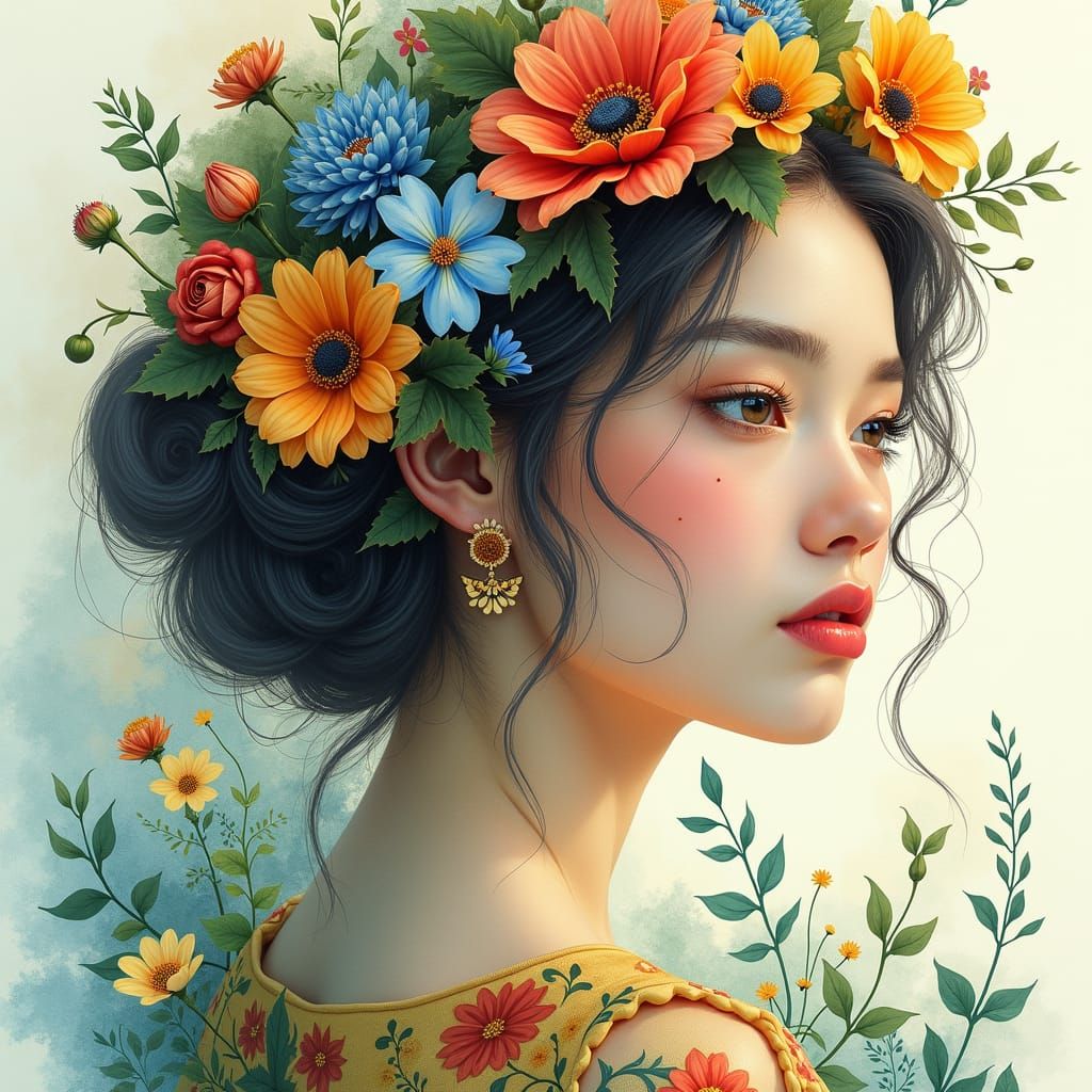 Woman with Flowers: Double Exposure Watercolor Portrait