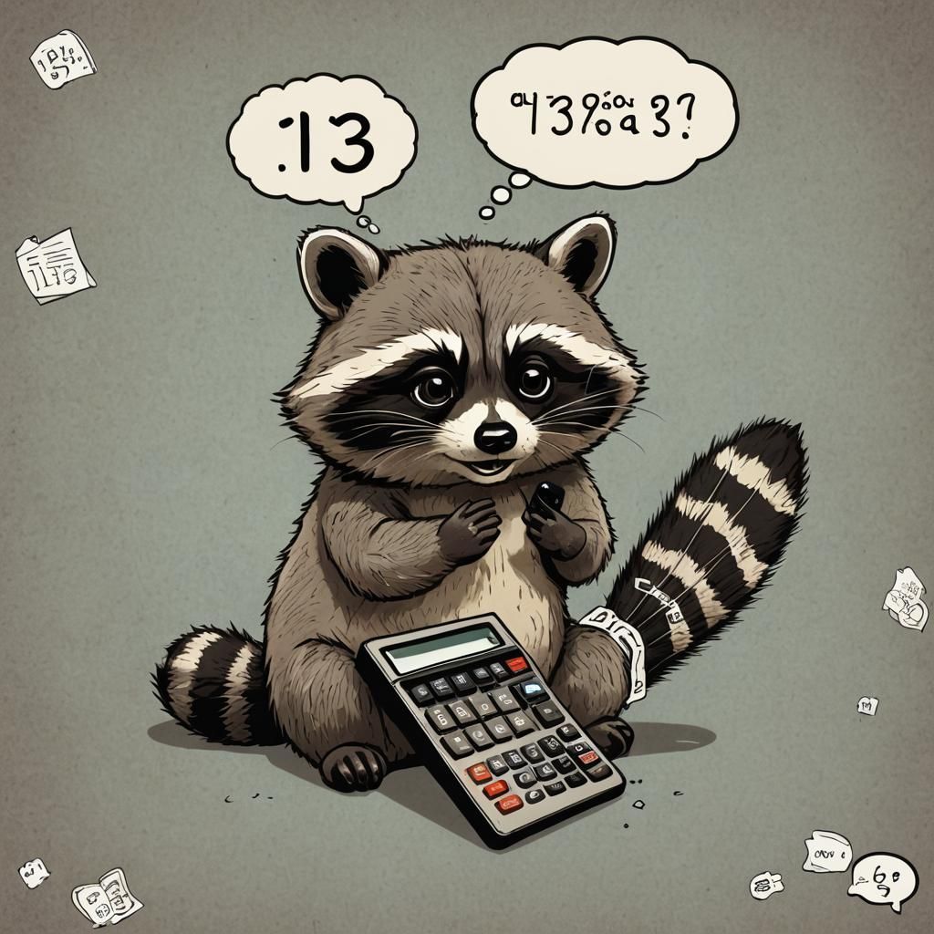 Raccoon Uses Calculator with Thought Bubble
