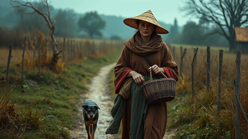 Peasant Woman with Dog on Rural Path: Matte Painting
