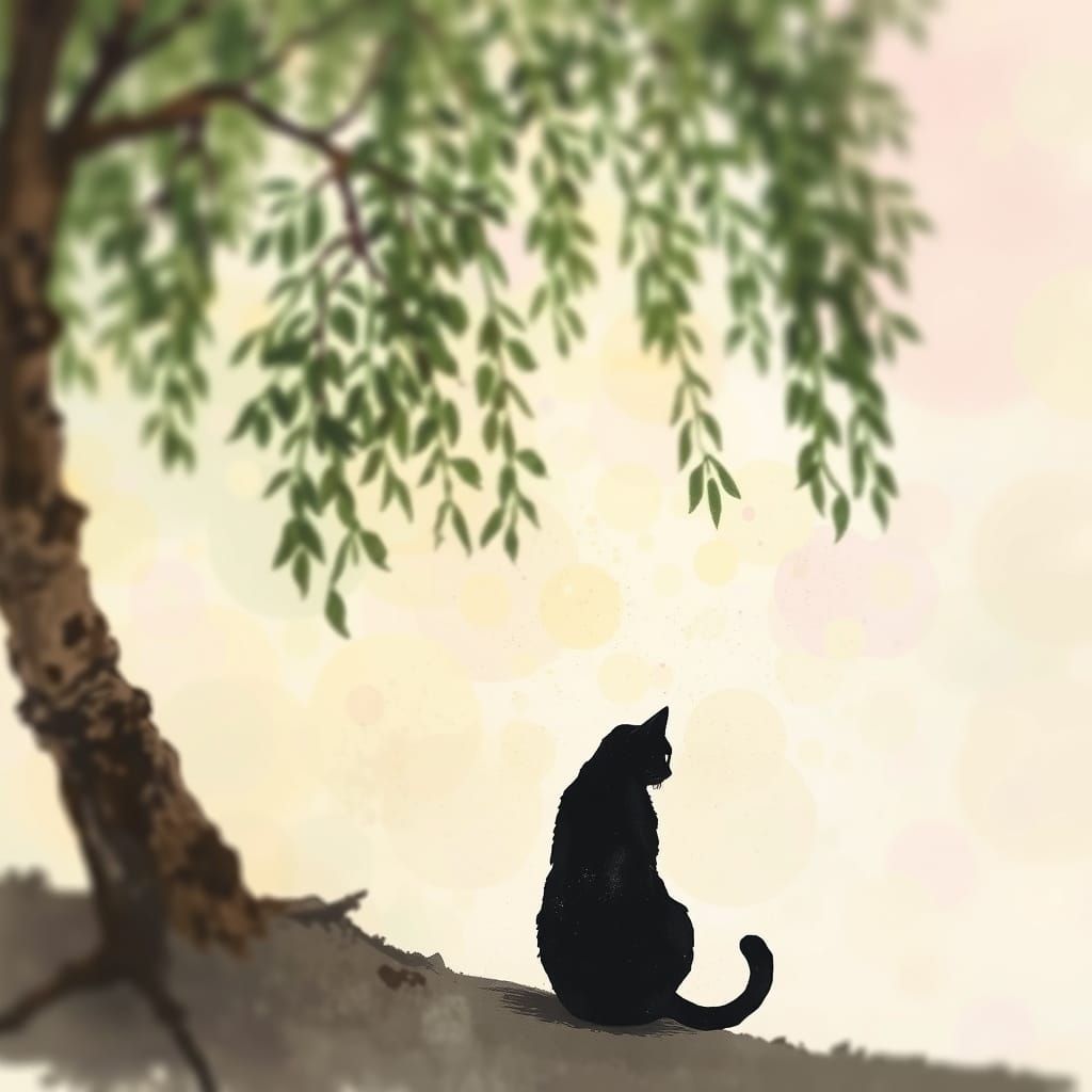 Cat Silhouette Against Abstract Ink Painting