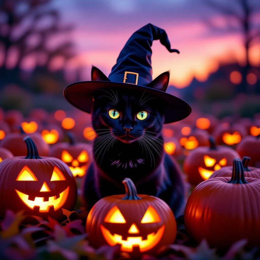 Black Cat in Jack-o'-Lantern Field with Witches Hat