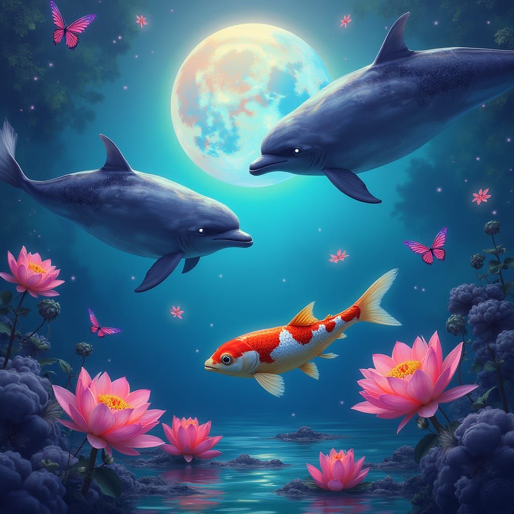 Vibrant Koi, Dolphins, and Moonlit Ocean Scene