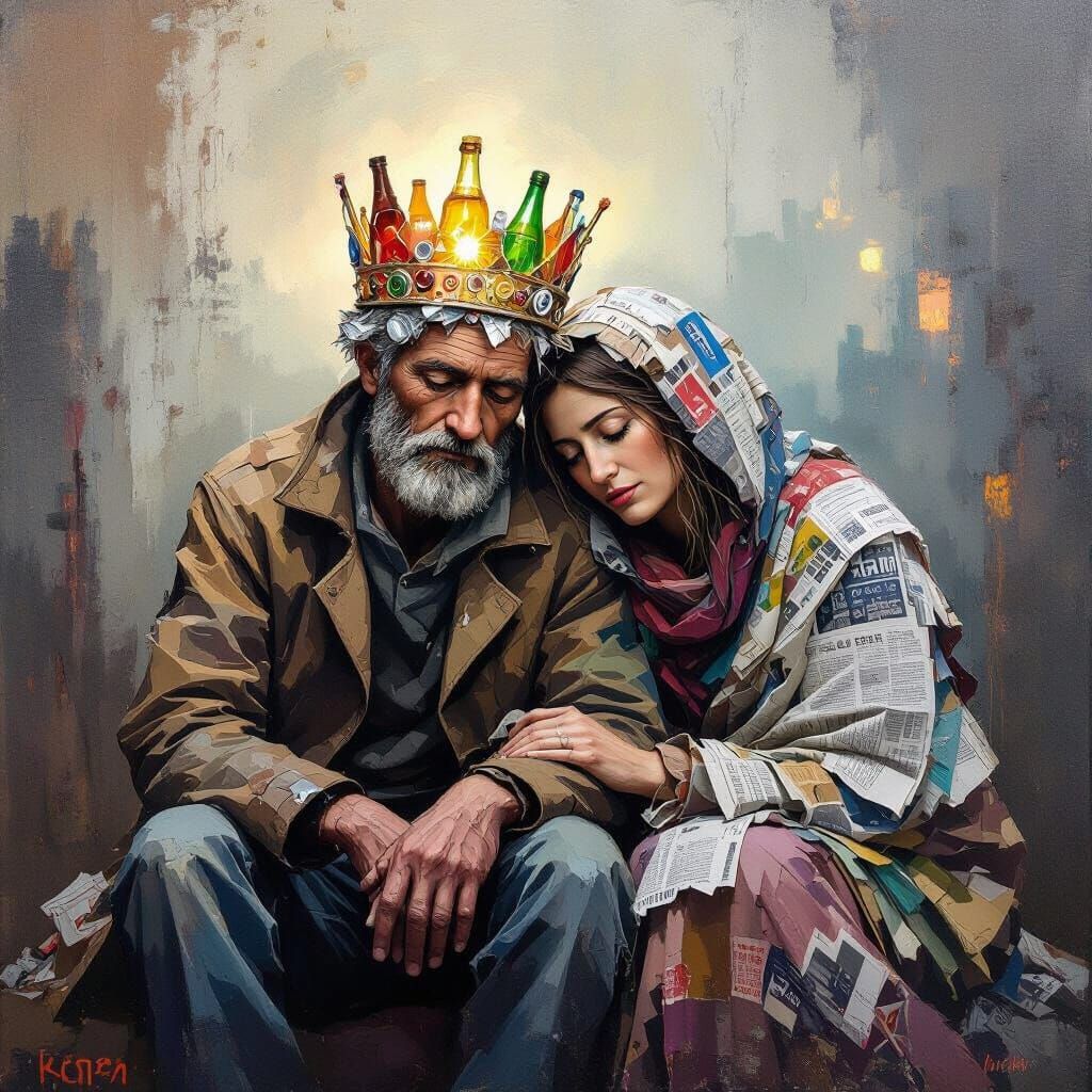 Symbolic Abstract Painting of Homeless Couple