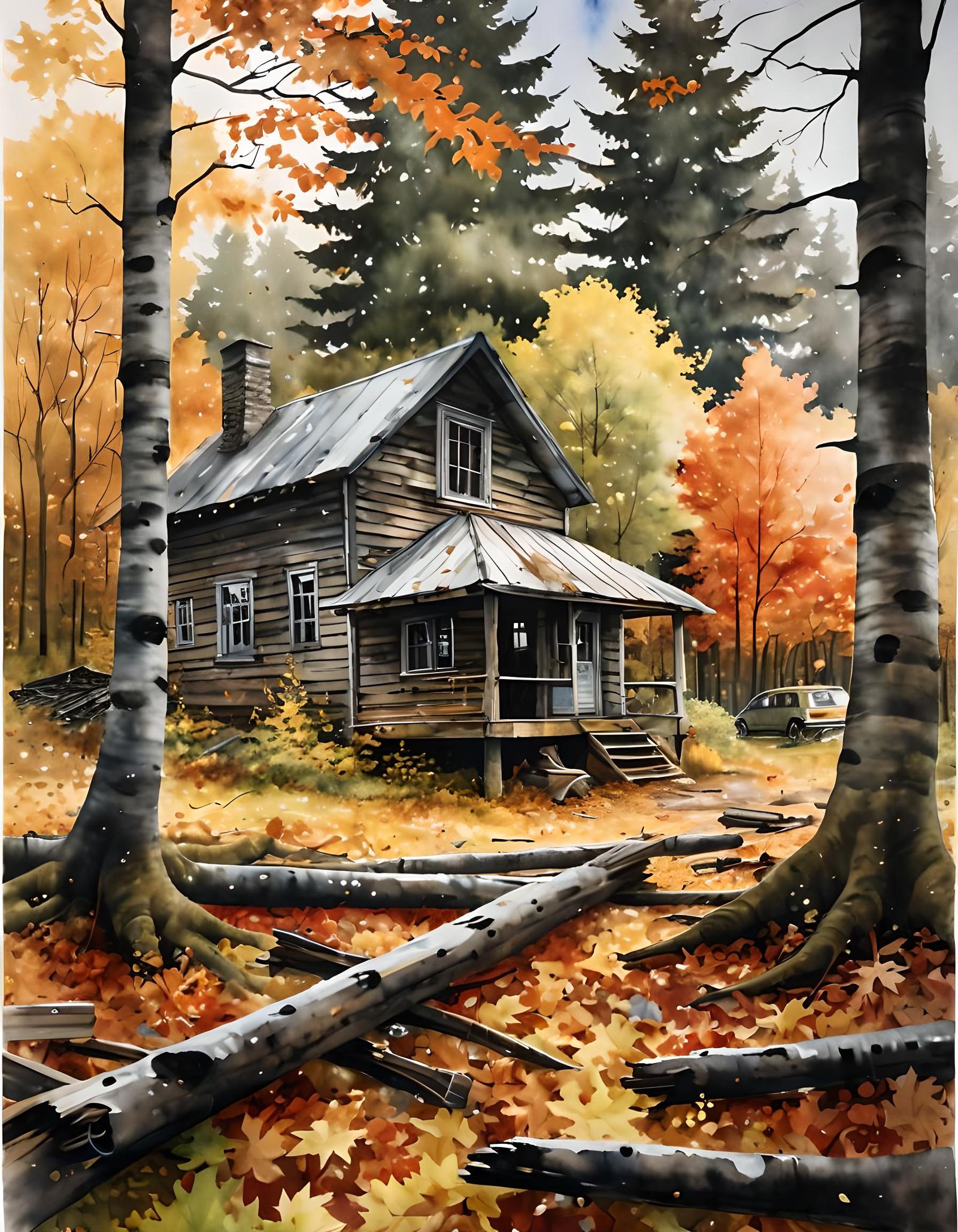 Overgrown Maple Shack in Watercolor Autumn Landscape