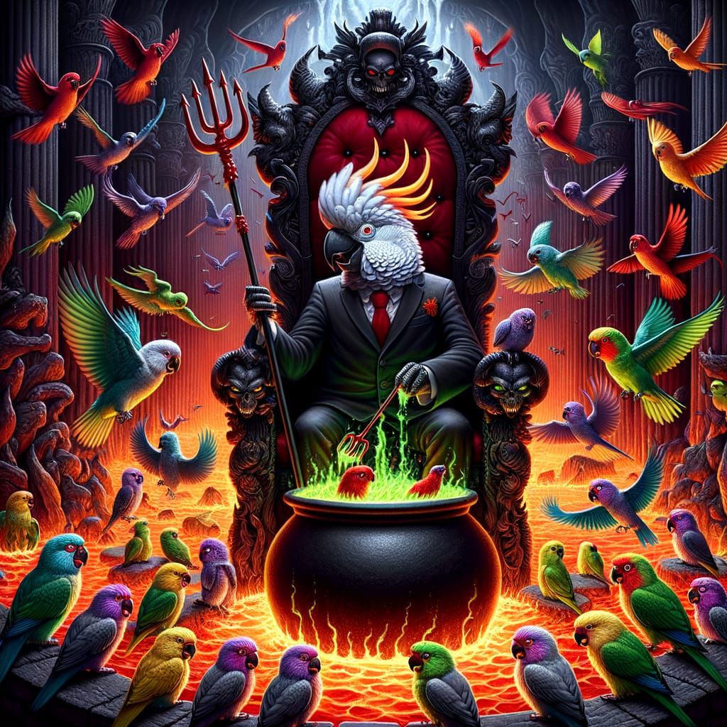 Devil Cockatoo King Rules Hell with Lovebird Minions