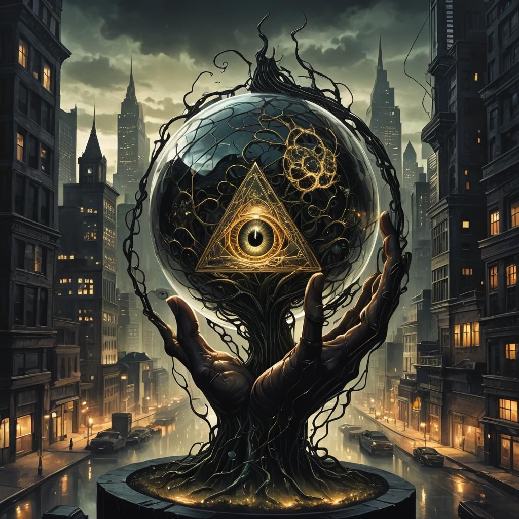 Eerie Dark Fantasy: Glowing Glass Brain in Dystopian Citysca...