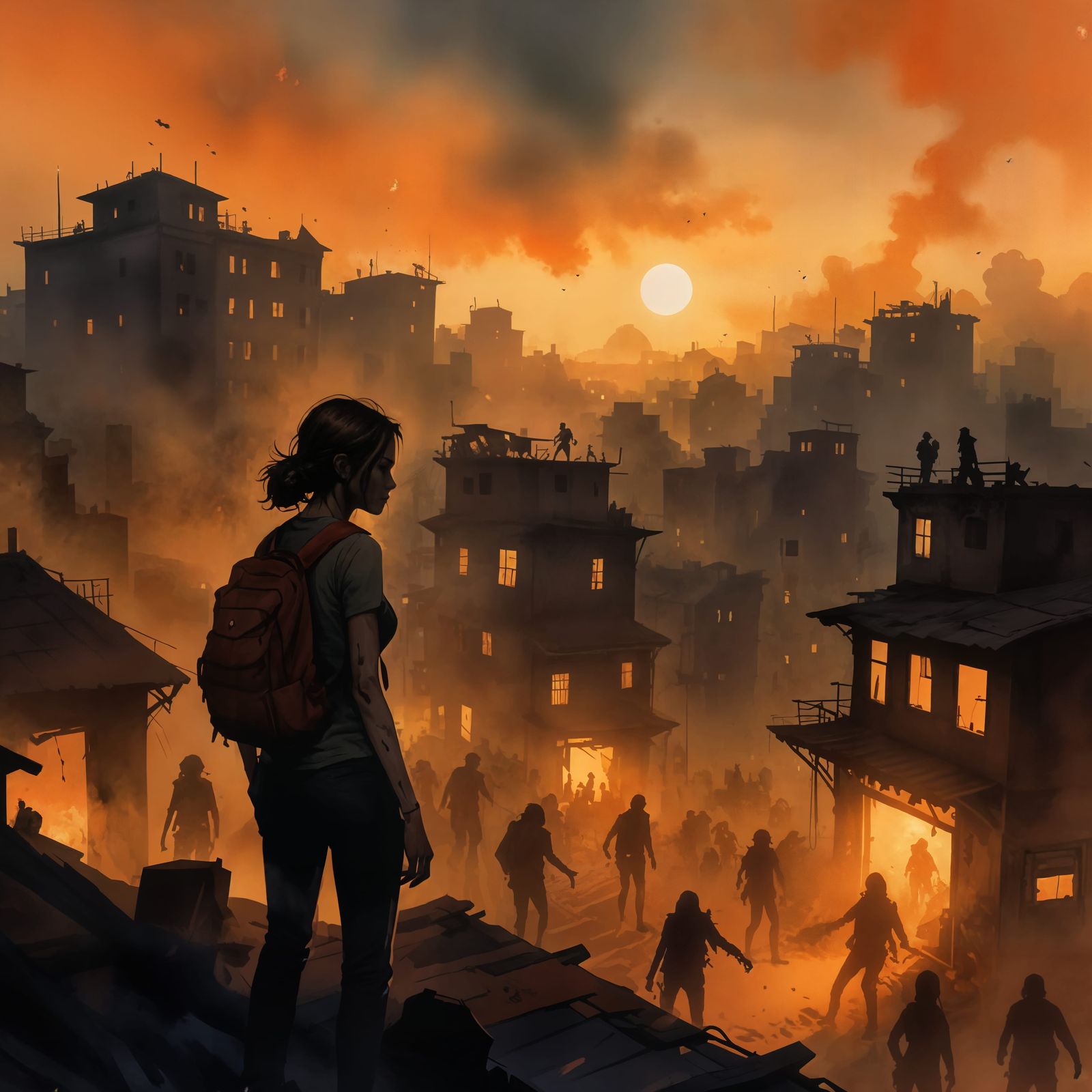 Rooftop Zombie Survivor in Watercolor Illustration